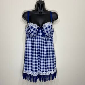Cacique Dress Women Size 18 20 Blue Lingerie Baby Doll Sexy Nightie Gingham Lace